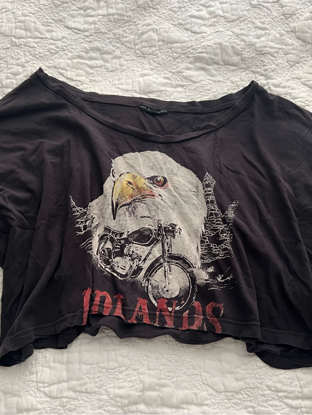 Truly Madly Deeply Black Short-Sleeve CroppedTee with Eagle & Motorcycle Graphic